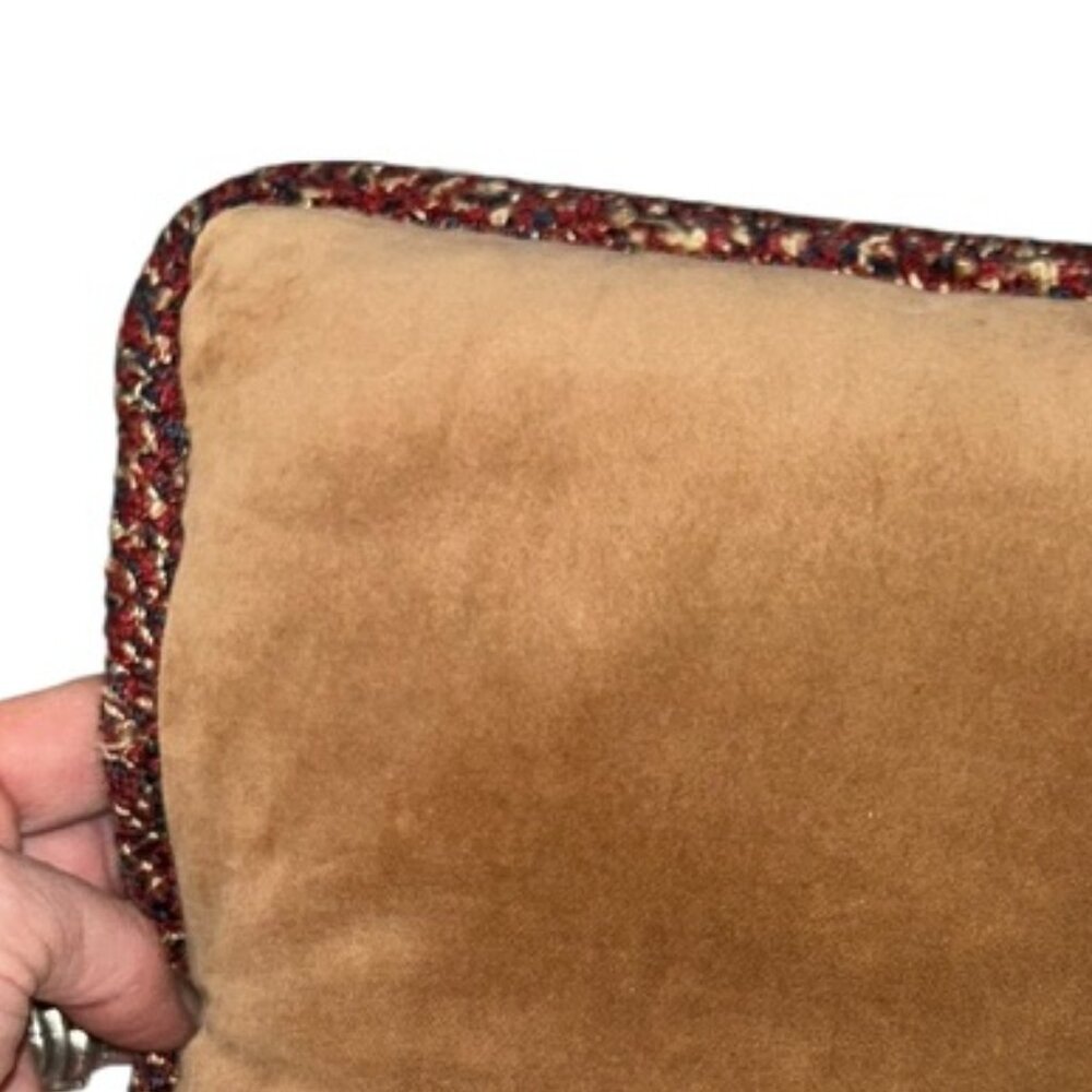 Antique NEEDLEPOINT red chevron aztec camel kahki velvet small rectangle pillow - Picture 4 of 4
